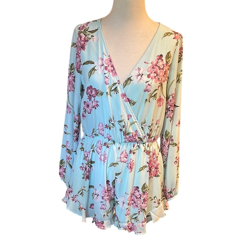 Peach Love California Floral Long Sleeve Romper Light Blue Pink Ruffle Hem VNeck